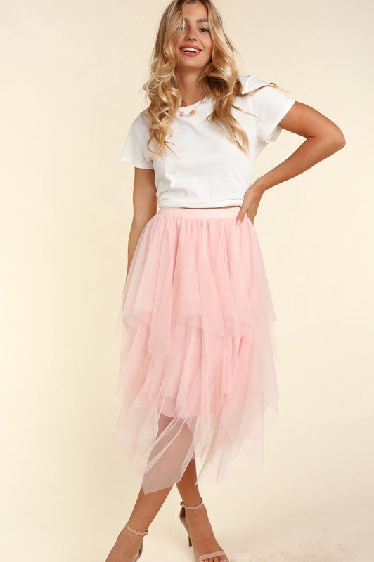 Plus Size - Asymmetric Tiered Tulle Midi Skirt