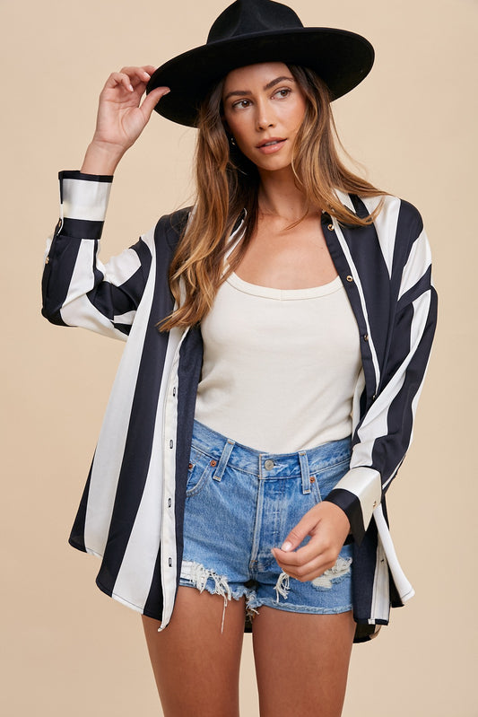 Annie Wear - Striped Dropped Shoulder Button Up Shirt