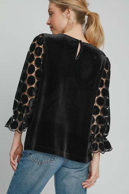 Umgee - Polka Dot Lace Long Sleeve Round Neck Blouse