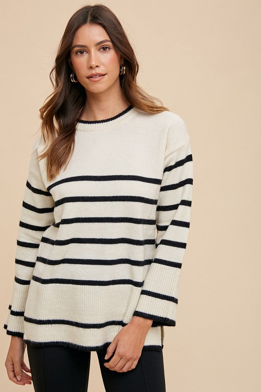 Annie Wear - Side Slit Striped Round Neck Sweater