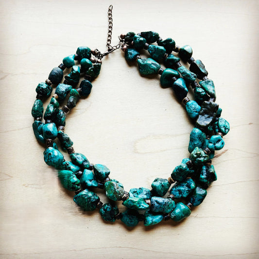 Large Triple Strand Natural Turquoise and Wood Necklace