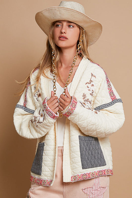 POL - Embroidered Open Front Long Sleeve Jacket