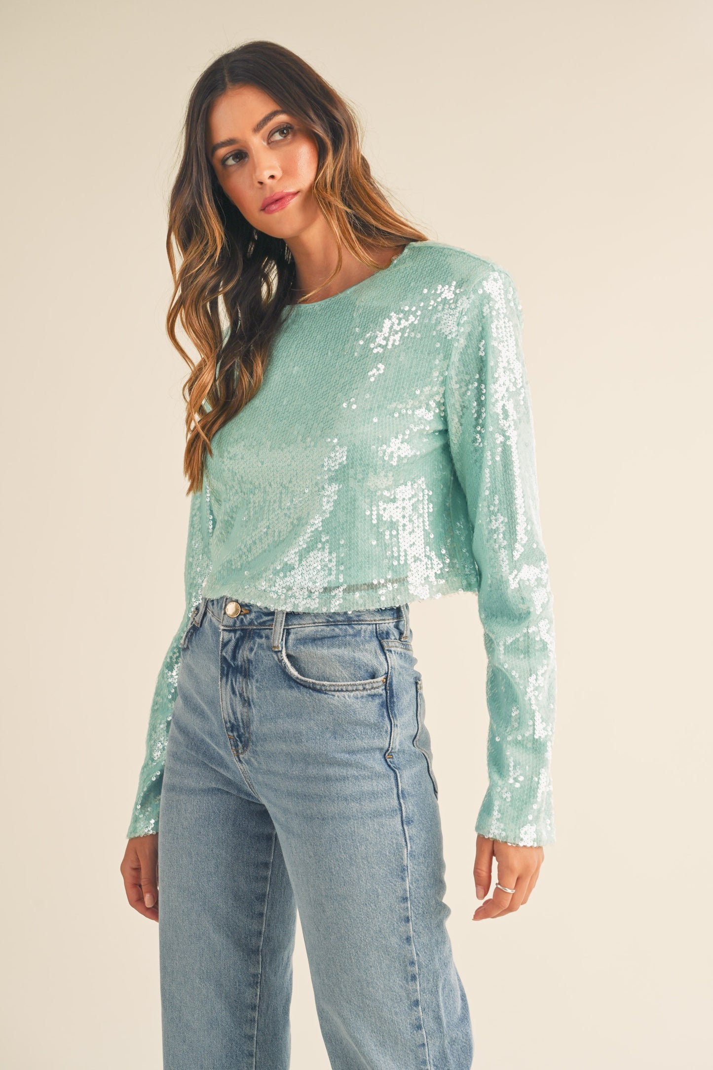 MABLE Shoulder Padded Sequin Top