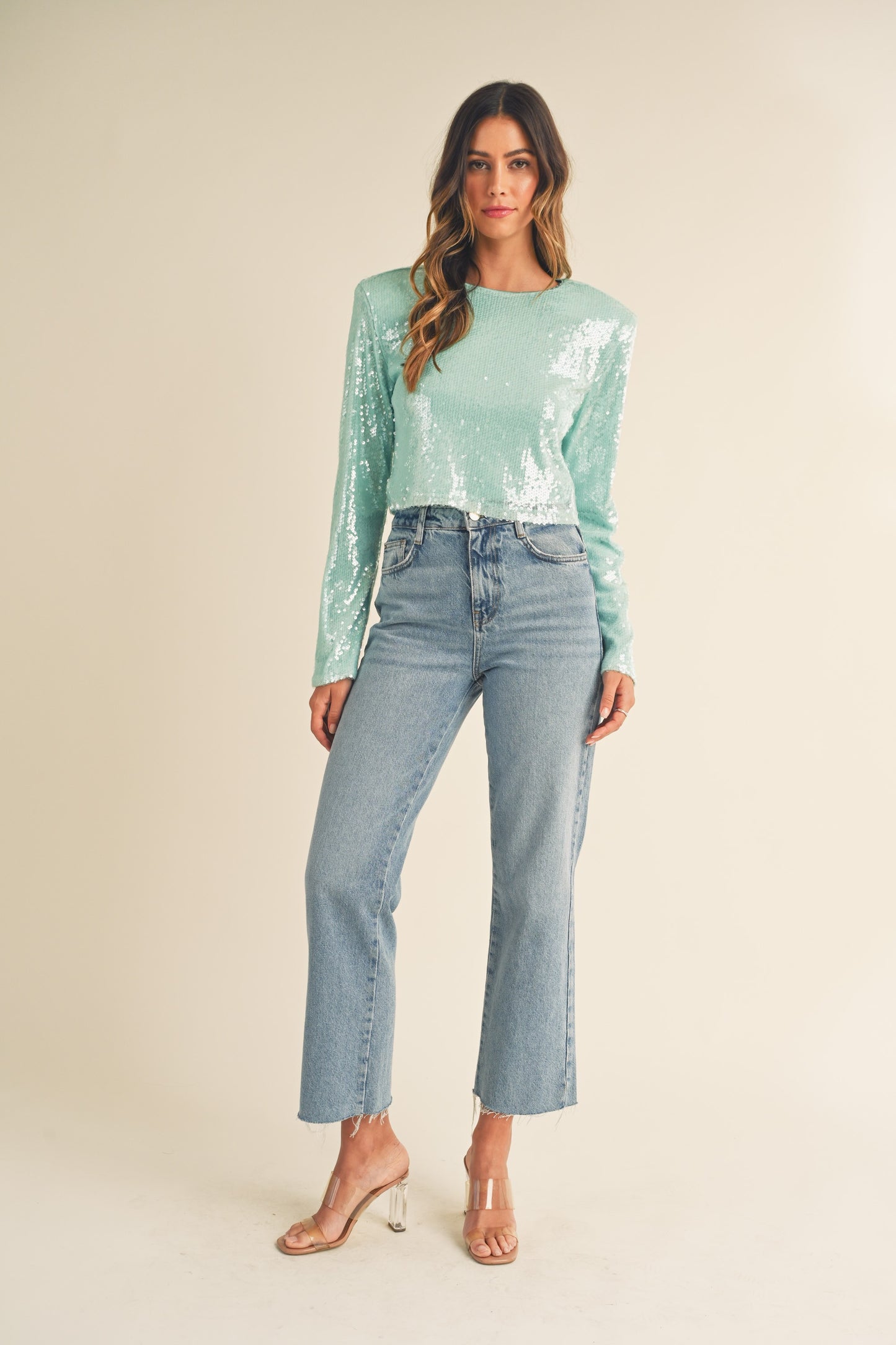 MABLE Shoulder Padded Sequin Top