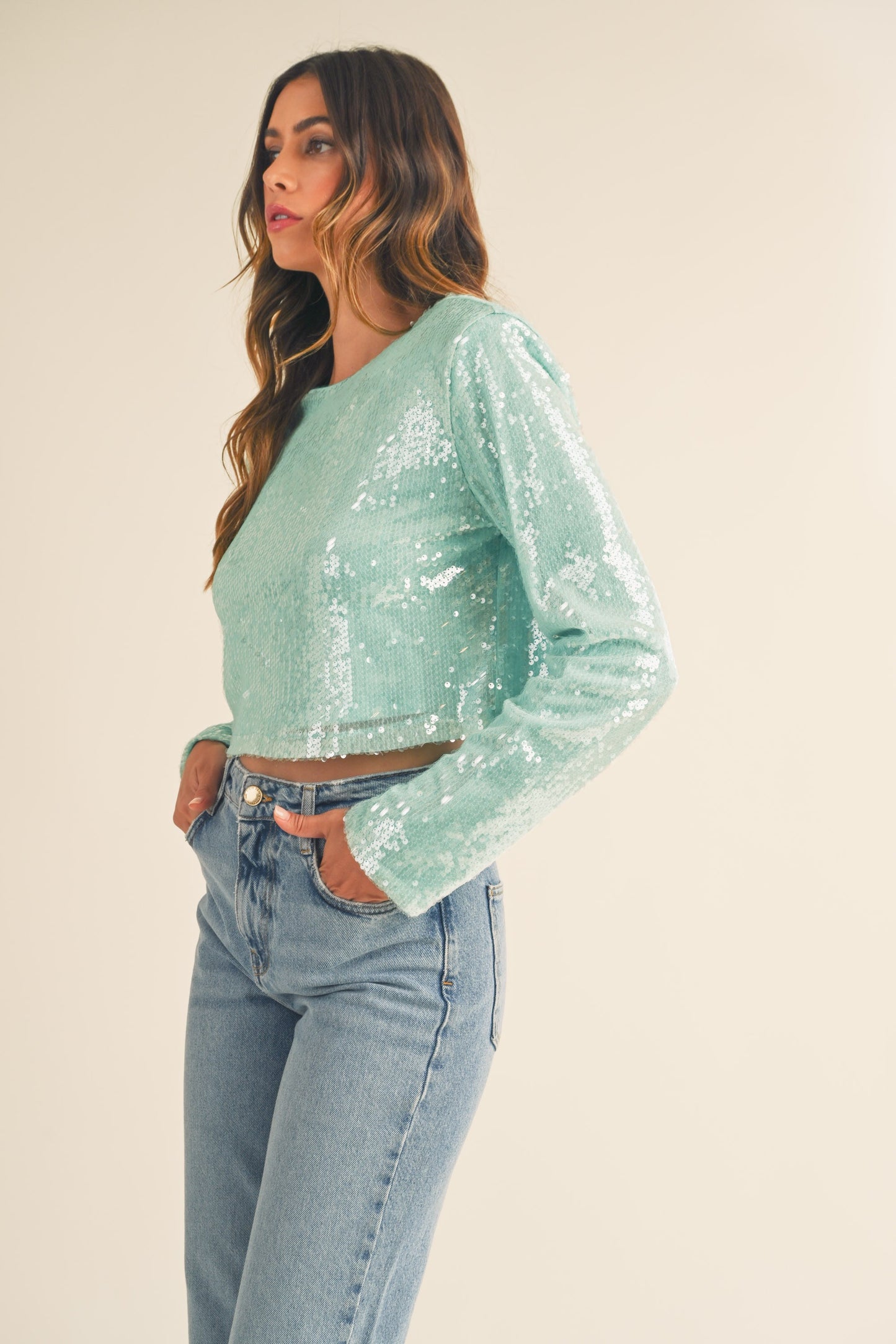 MABLE Shoulder Padded Sequin Top