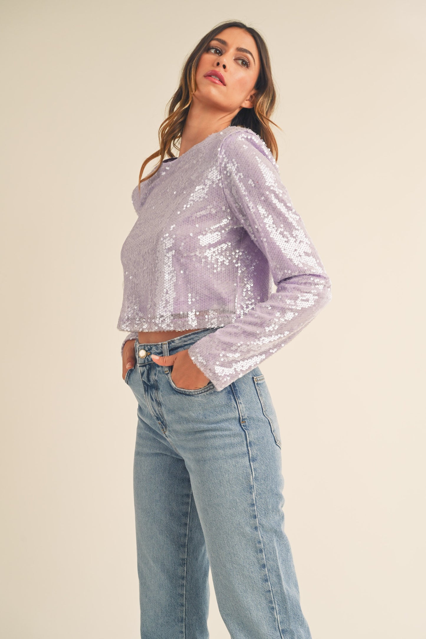 MABLE Shoulder Padded Sequin Crop Top