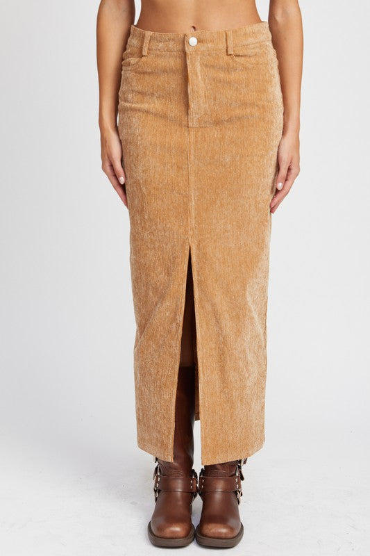 Corduroy Front Slit Mid Skirt