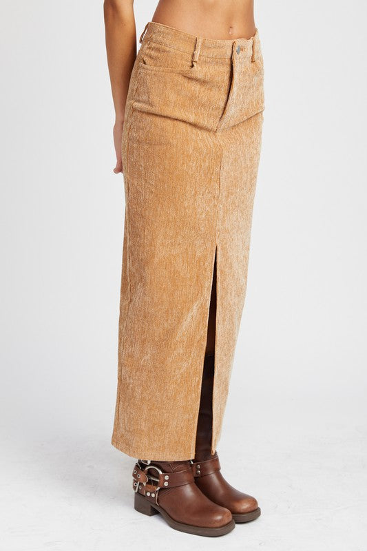 Corduroy Front Slit Mid Skirt