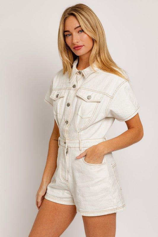 LE LIS Short Sleeve Denim Romper