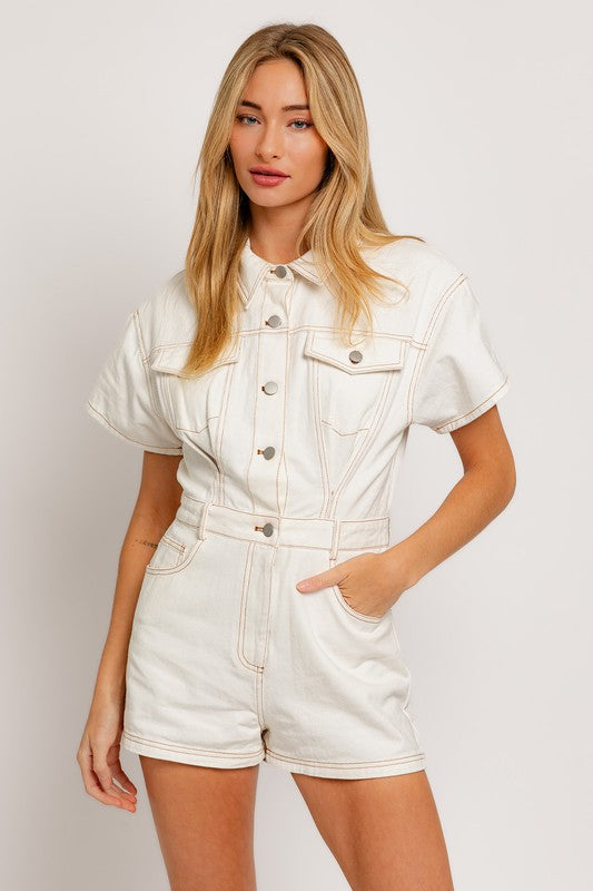 LE LIS Short Sleeve Denim Romper