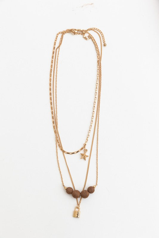 Three Layered Rustic Gold Charm Necklace