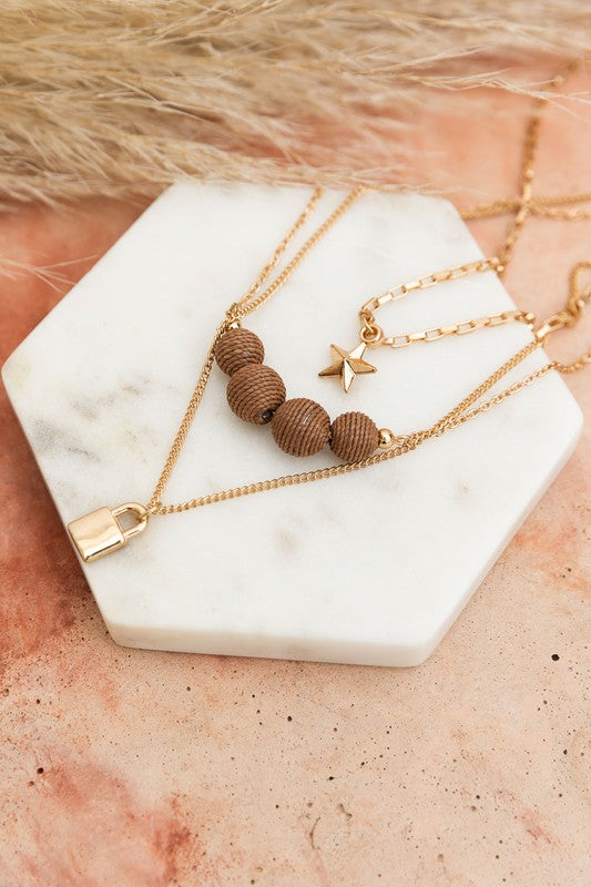 Three Layered Rustic Gold Charm Necklace