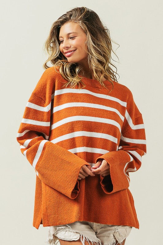 BiBi Oversized Ribbed Hem Stripe Sweater