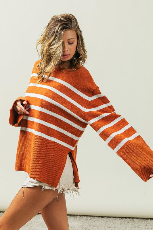 BiBi Oversized Ribbed Hem Stripe Sweater