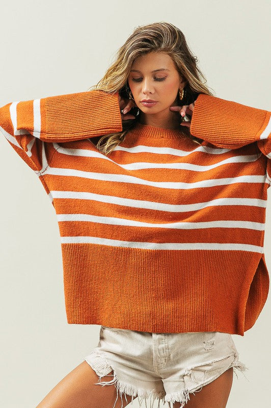 BiBi Oversized Ribbed Hem Stripe Sweater