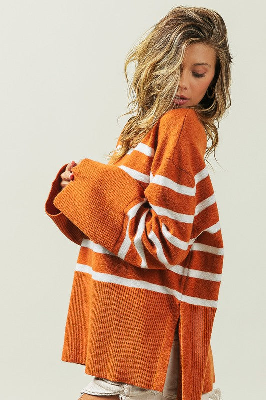 BiBi Oversized Ribbed Hem Stripe Sweater