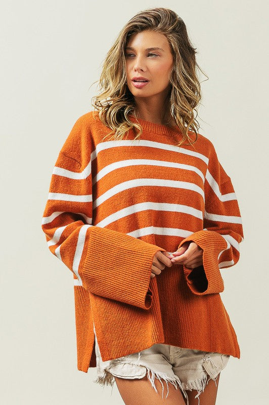 BiBi Oversized Ribbed Hem Stripe Sweater