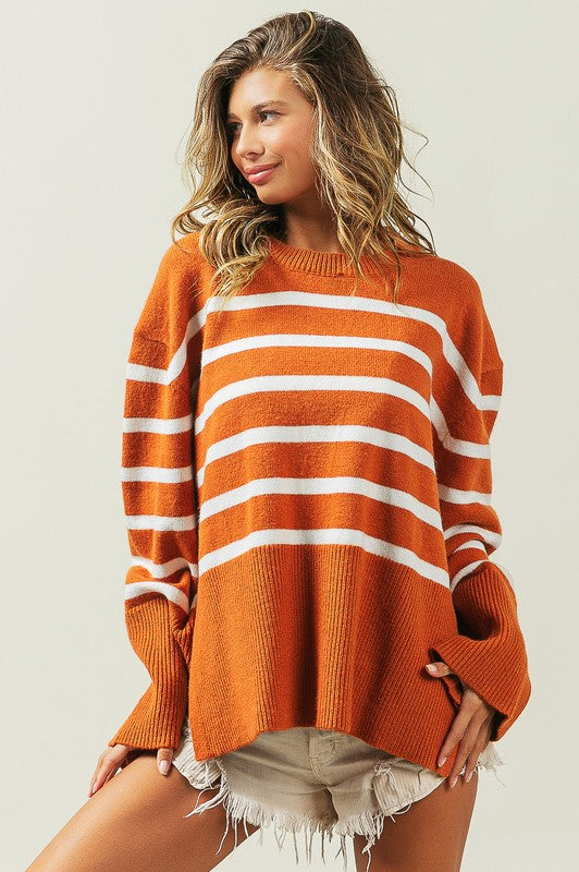 BiBi Oversized Ribbed Hem Stripe Sweater