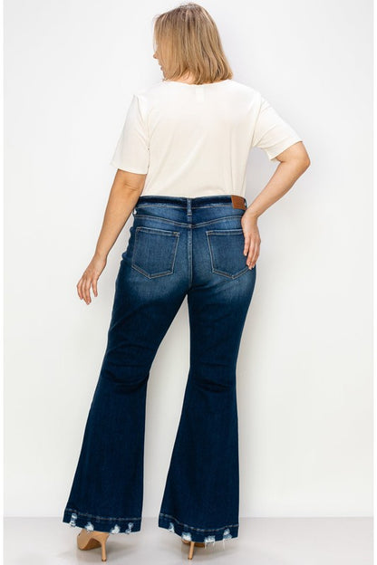 Plus Size - Mid Rise Flare with Distressed Hem