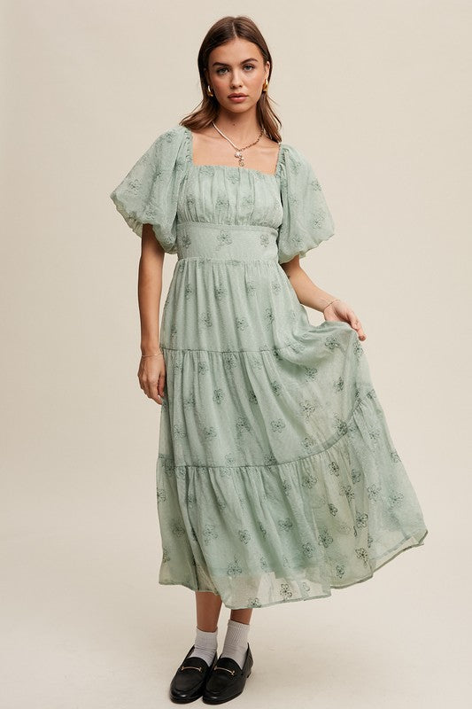 Listicle Embroidered Puff Sleeve Tiered Maxi Dress