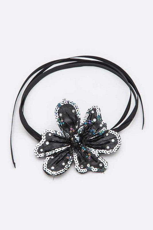 Metallic Sequins Beaded Flower Convertible Choker