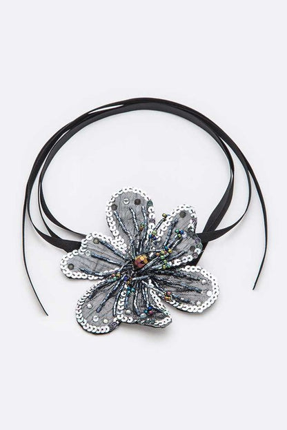 Metallic Sequins Beaded Flower Convertible Choker