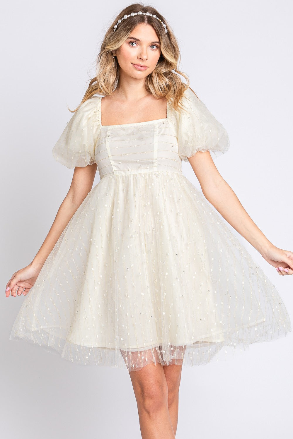 GeeGee Pearl Mesh Mini Babydoll Dress