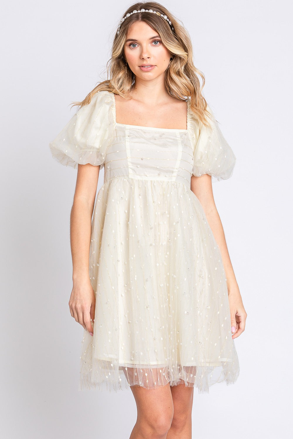 GeeGee Pearl Mesh Mini Babydoll Dress