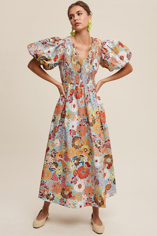 Flower Print Puff Sleeve Poplin Maxi Dress