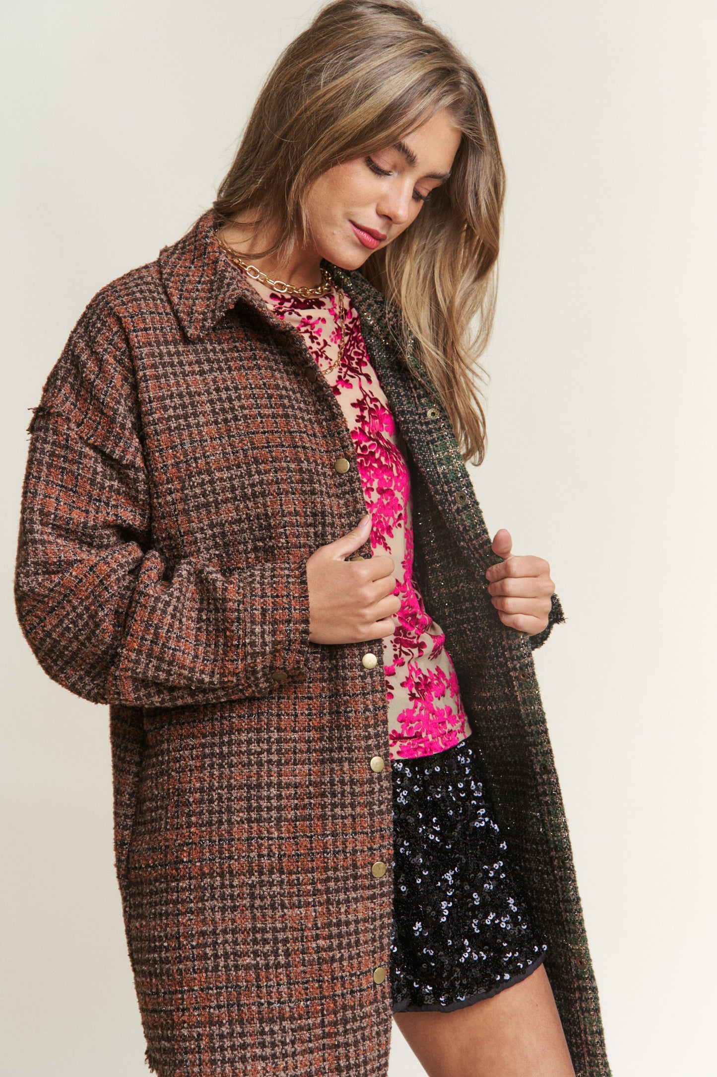 J.NNA Snap Down Tweed Plaid Contrast Longline Shacket