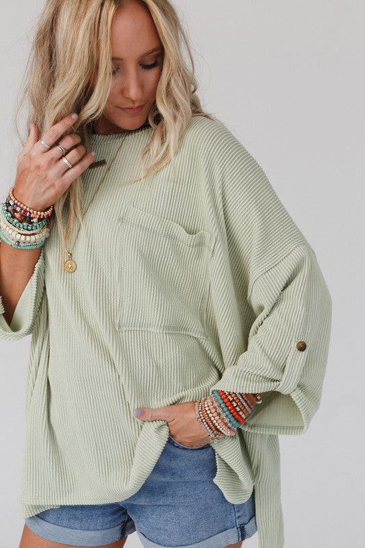 Ribbed Tab Sleeve Oversize Top