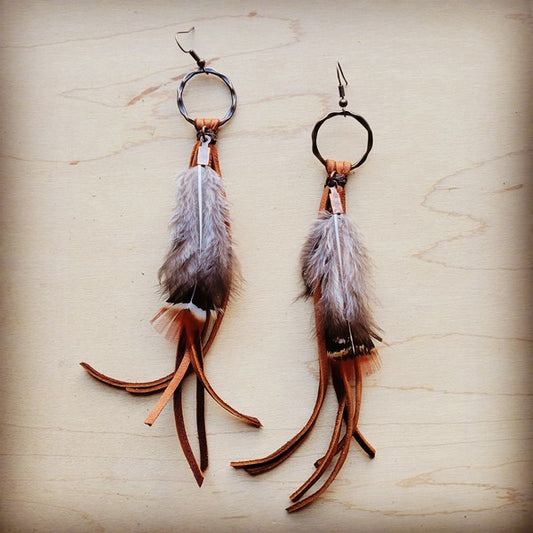 Boho Tan Deerskin Leather Tassel Earrings with Feather