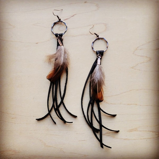 Brown Deerskin Leather Tassel Earrings with Feathers