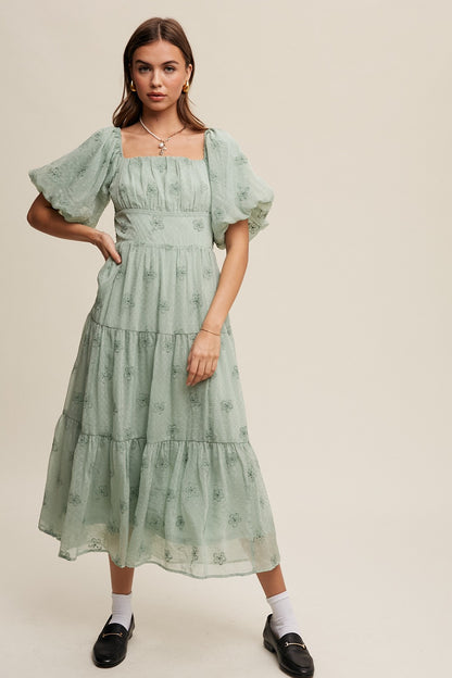 Listicle Embroidered Puff Sleeve Tiered Maxi Dress