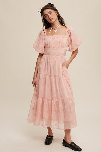 Listicle Embroidered Puff Sleeve Tiered Maxi Dress