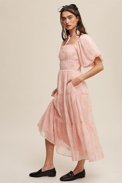 Listicle Embroidered Puff Sleeve Tiered Maxi Dress