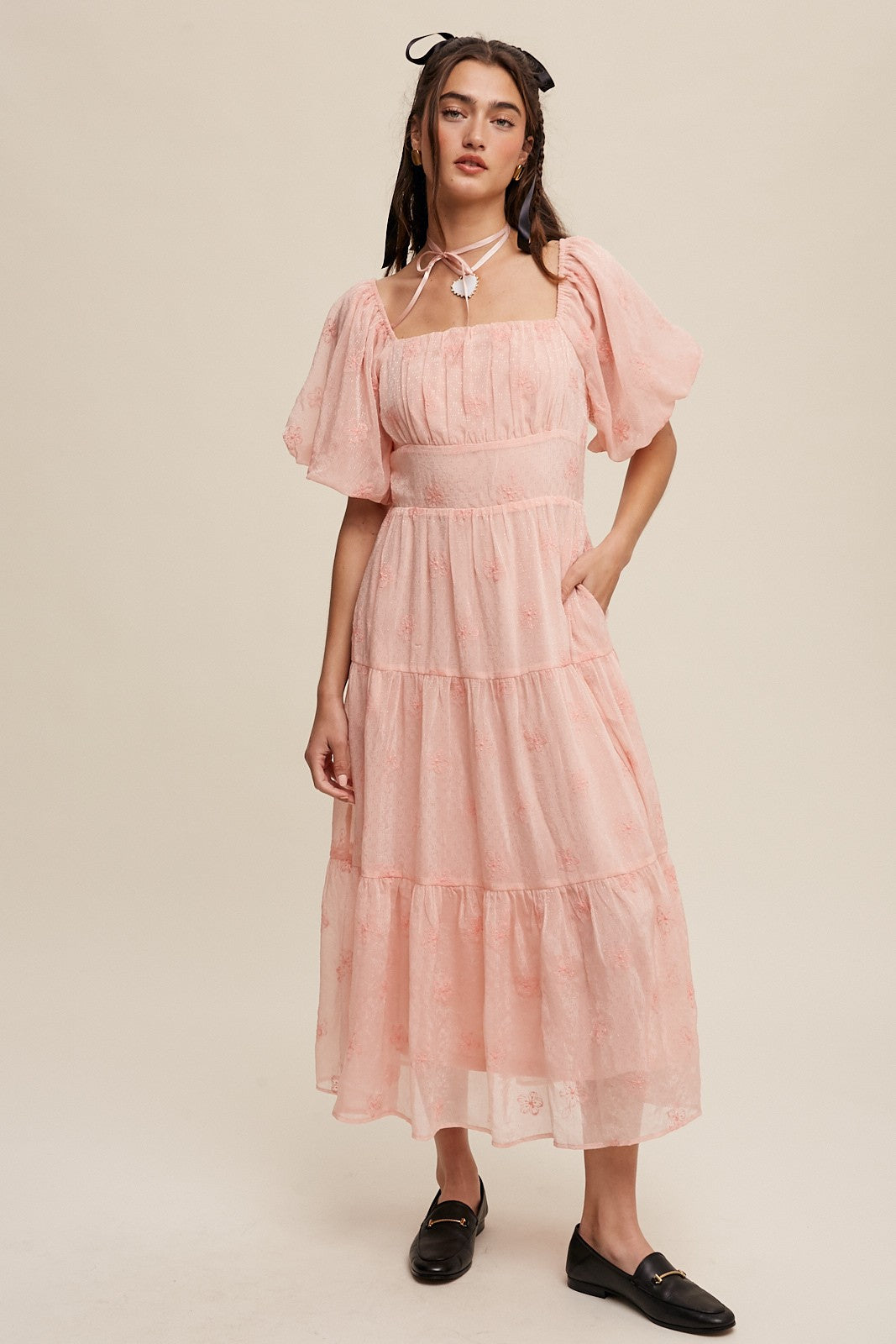 Listicle Embroidered Puff Sleeve Tiered Maxi Dress