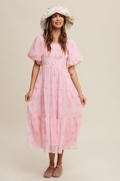 Listicle Embroidered Puff Sleeve Tiered Maxi Dress