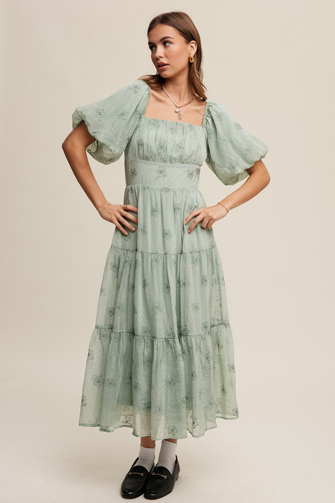 Listicle Embroidered Puff Sleeve Tiered Maxi Dress