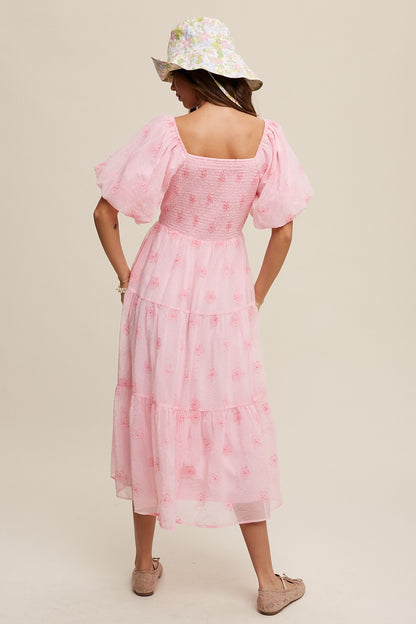 Listicle Embroidered Puff Sleeve Tiered Maxi Dress