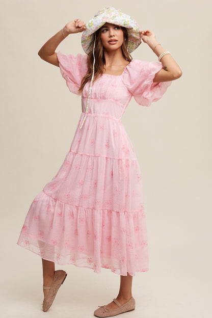 Listicle Embroidered Puff Sleeve Tiered Maxi Dress