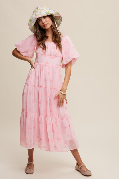 Listicle Embroidered Puff Sleeve Tiered Maxi Dress