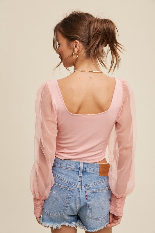 Listicle Mesh Puff Sleeve Knit Top