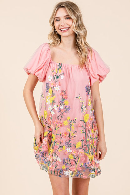 GeeGee Floral Embroidered Mesh Mini Dress