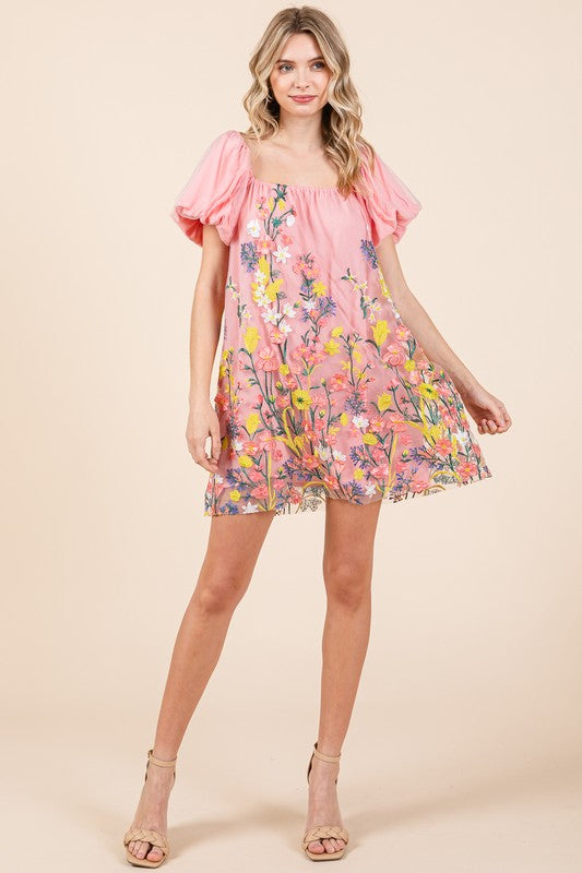 GeeGee Floral Embroidered Mesh Mini Dress