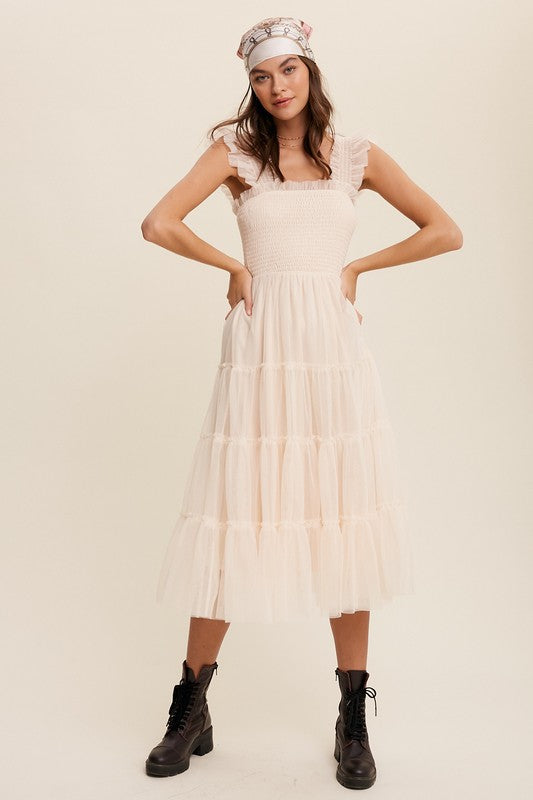 Listicle Smocked Ruffle Tiered Mesh Maxi Dress