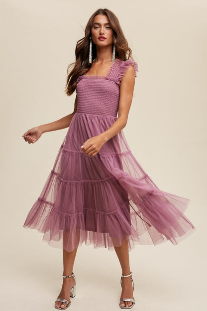 Listicle Smocked Ruffle Tiered Mesh Midi Dress