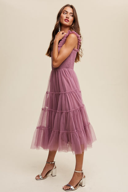 Listicle Smocked Ruffle Tiered Mesh Midi Dress