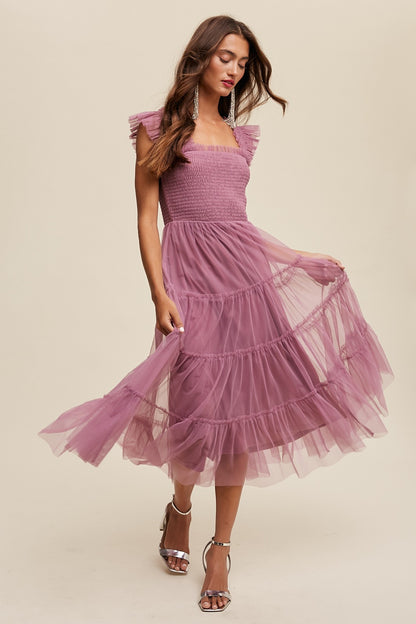 Listicle Smocked Ruffle Tiered Mesh Midi Dress