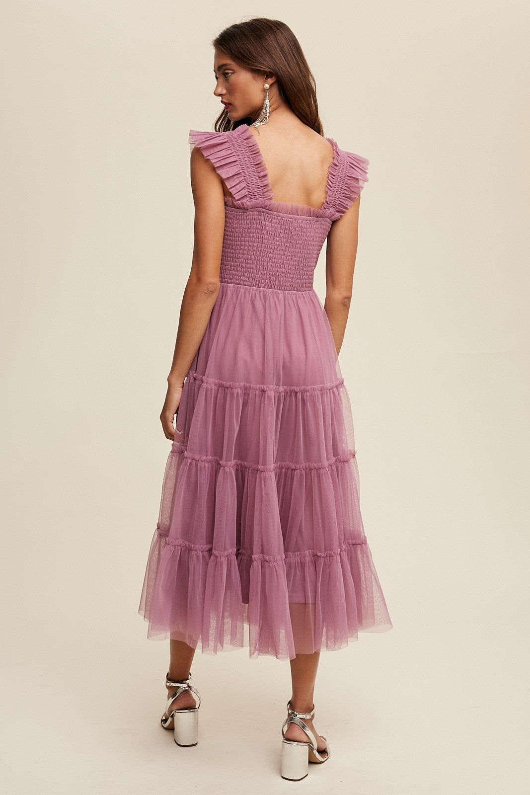 Listicle Smocked Ruffle Tiered Mesh Midi Dress